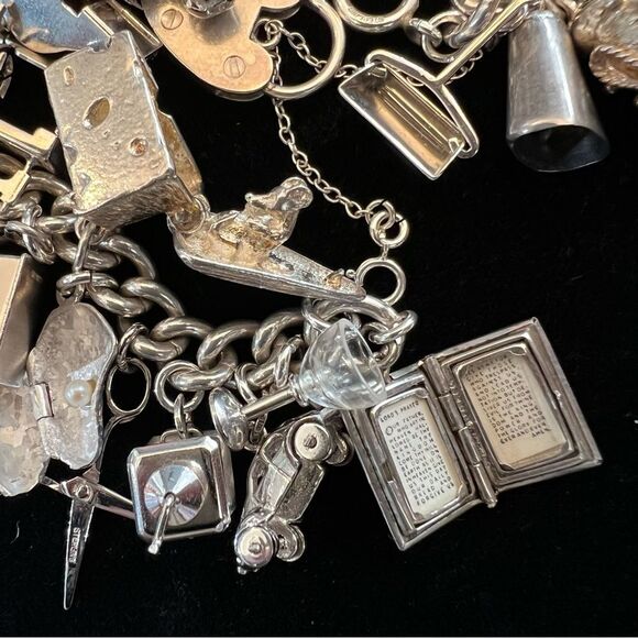 VINTAGE CHARM BRACELET HEART LOCKET TRAVEL 60s 70s STERLING SILVER 925 124G EVC - Picture 10 of 16